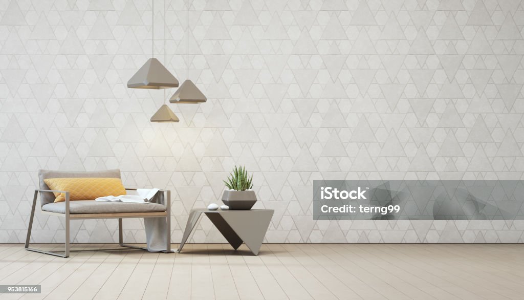 Plante d’intérieur sur acier table basse et fauteuil vide triangle blanc mur de fond, zone relax dans loft salon de maison moderne. - Photo de Papier peint libre de droits