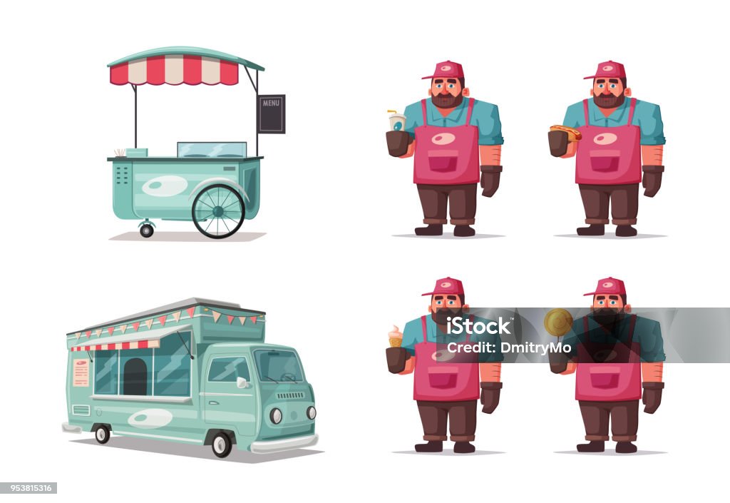 Street Food And Beverages Funny Hawker Cartoon Vector Illustration Seller  Or Chef Character Stock Illustration - Download Image Now - iStock