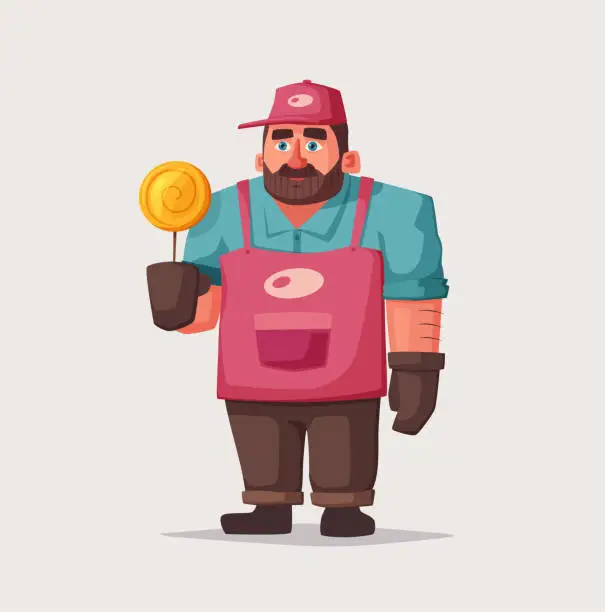 Vector illustration of Street food and beverages funny hawker. Cartoon vector illustration. Seller or chef character