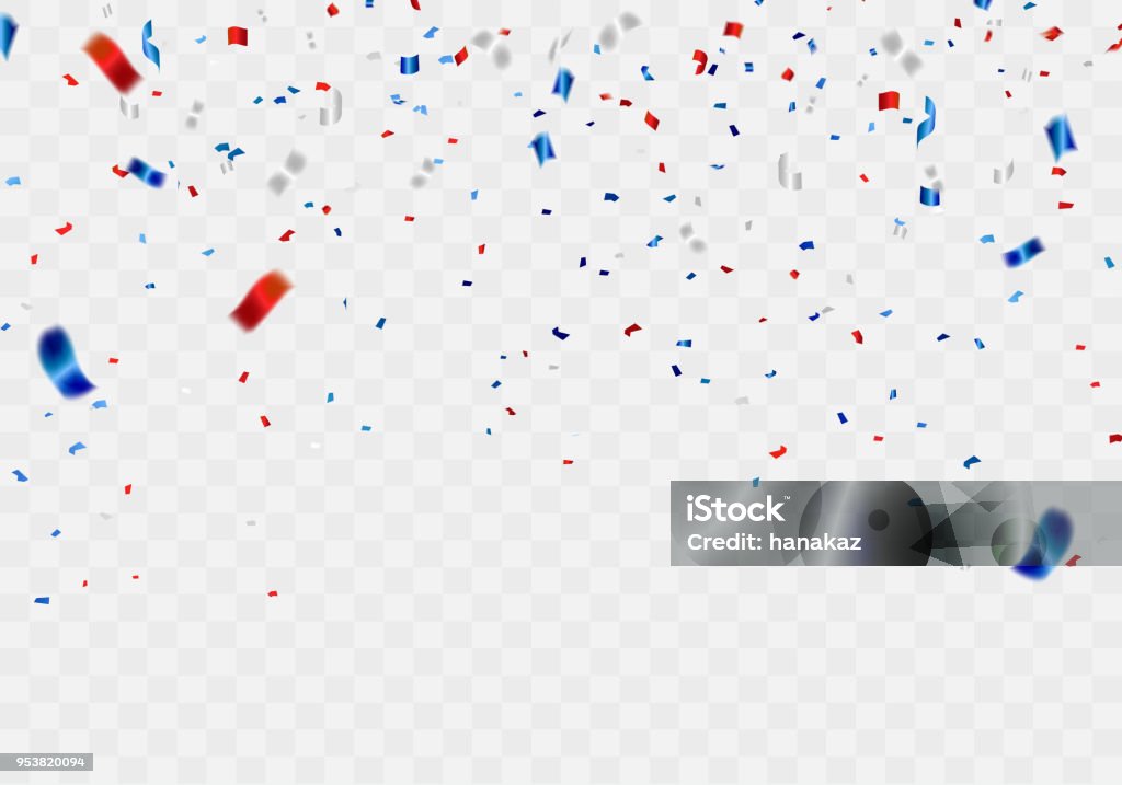 Modèle fond de célébration avec des rubans de confettis et de rouge et de bleu. - clipart vectoriel de Confetti libre de droits