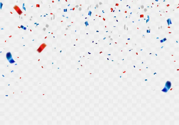 Vector illustration of Celebration background template with confetti and red and blue ribbons.