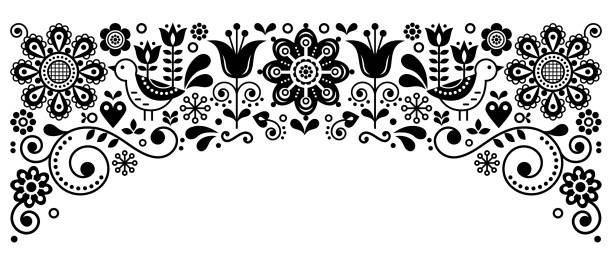 illustrations, cliparts, dessins animés et icônes de design scandinave folk art cadre frontière vecteur rétro carte de voeux, floral ornament noir et blanc avec fleurs et birs - double tulip