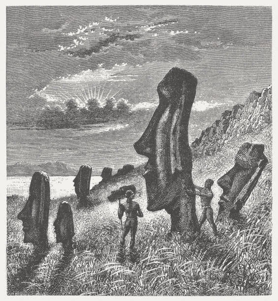illustrazioni stock, clip art, cartoni animati e icone di tendenza di isola di pasqua, spiaggia con statue moai, incisione su legno, pubblicata nel 1888 - easter island moai statue chile sculpture
