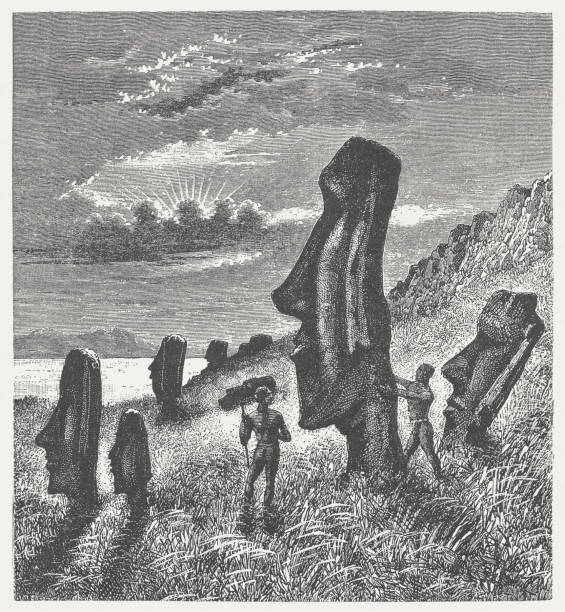 wyspa wielkanocna, plaża z posągami moai, grawerowanie drewna, opublikowana w 1888 roku - easter island moai statue chile sculpture stock illustrations