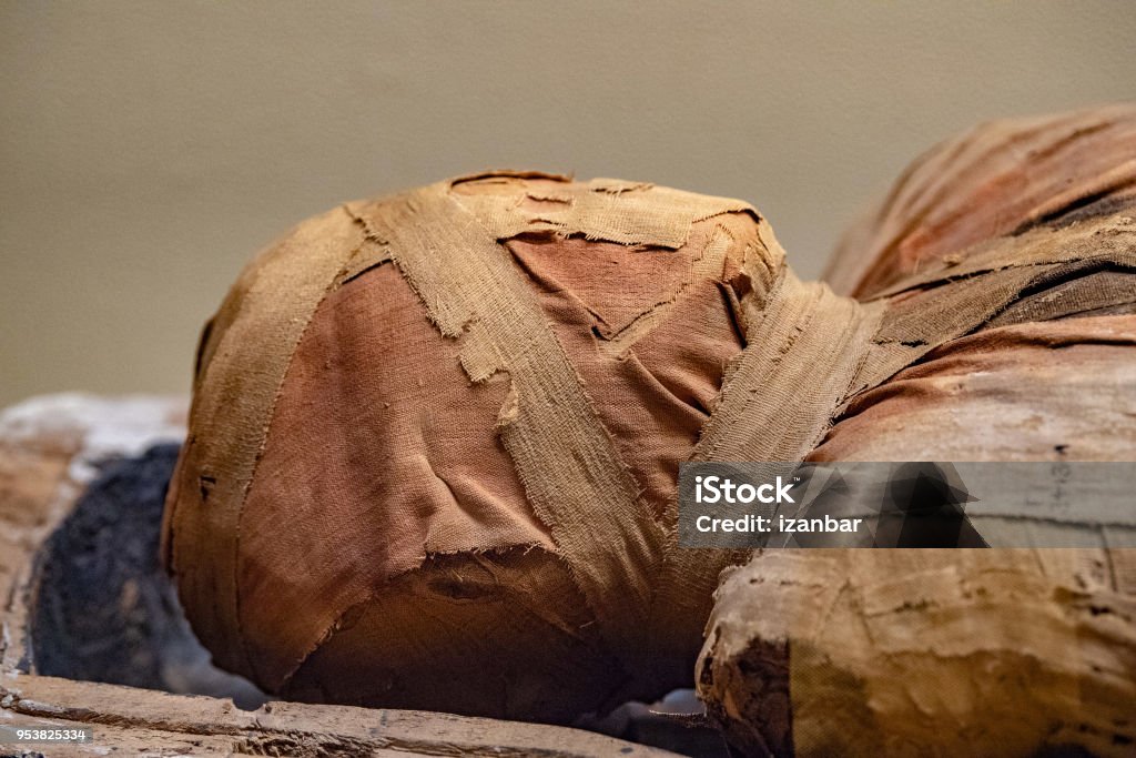 Egyptian mummy head close up detail of Egyptian mummy close up detail Mummified Stock Photo