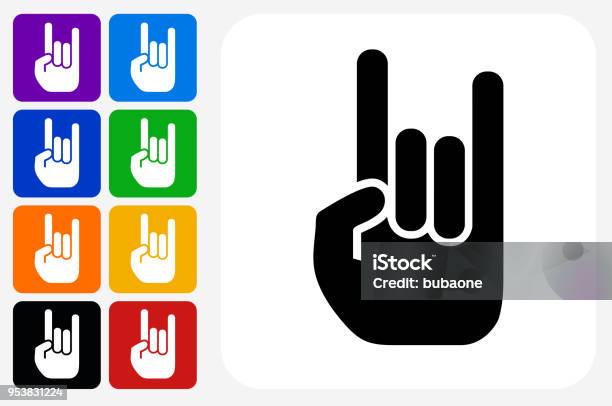 Rock And Roll Hand Icon Square Button Set Stock Illustration - Download Image Now - Icon Symbol, Early Rock & Roll, Rock Music
