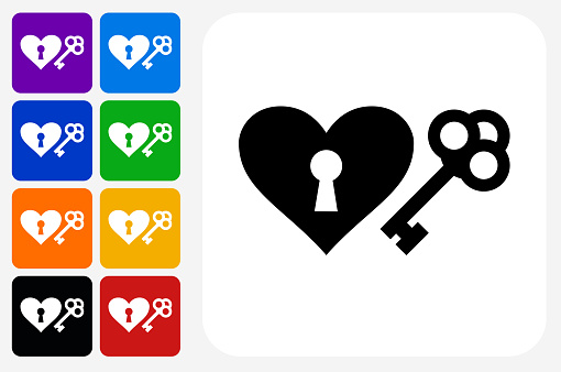 Key to the Heart Icon Square Button Set. The icon is in black on a white square with rounded corners. The are eight alternative button options on the left in purple, blue, navy, green, orange, yellow, black and red colors. The icon is in white against these vibrant backgrounds. The illustration is flat and will work well both online and in print.