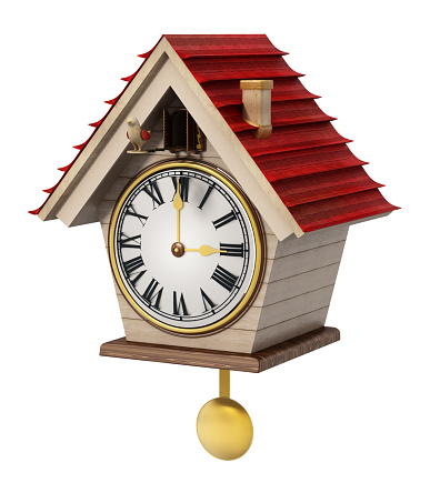 Fictitious cuckoo clock isolated on white.