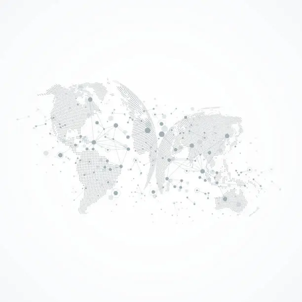 Vector illustration of Big data visualization with a world globe. Abstract vector background with dynamic waves. Global network connection. Technological sense abstract illustration