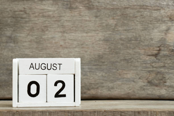 istock White block calendar present date 2 and month August on wood background 953840420