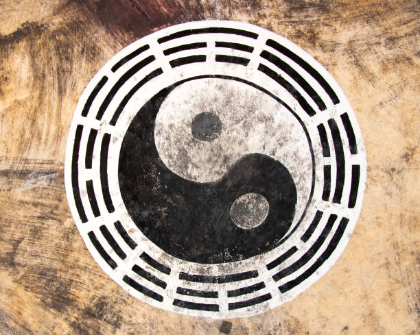 Black and white color yin yang circle on leather background