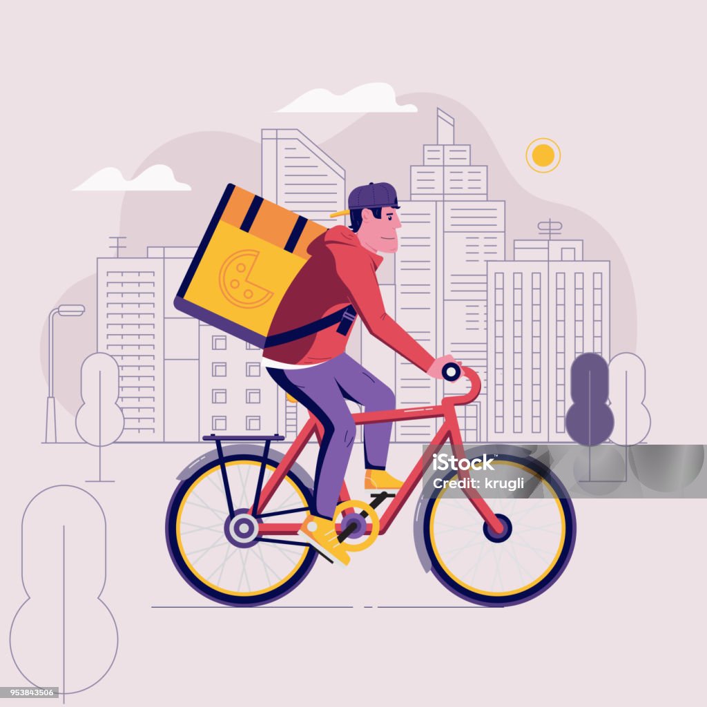 Bicycle Delivery Courier Man Pizza bicycle delivery man with parcel box on the back. Ecological city bike food delivering service concept with courier carrying package on modern city background. Food delivery cyclist. Delivering stock vector