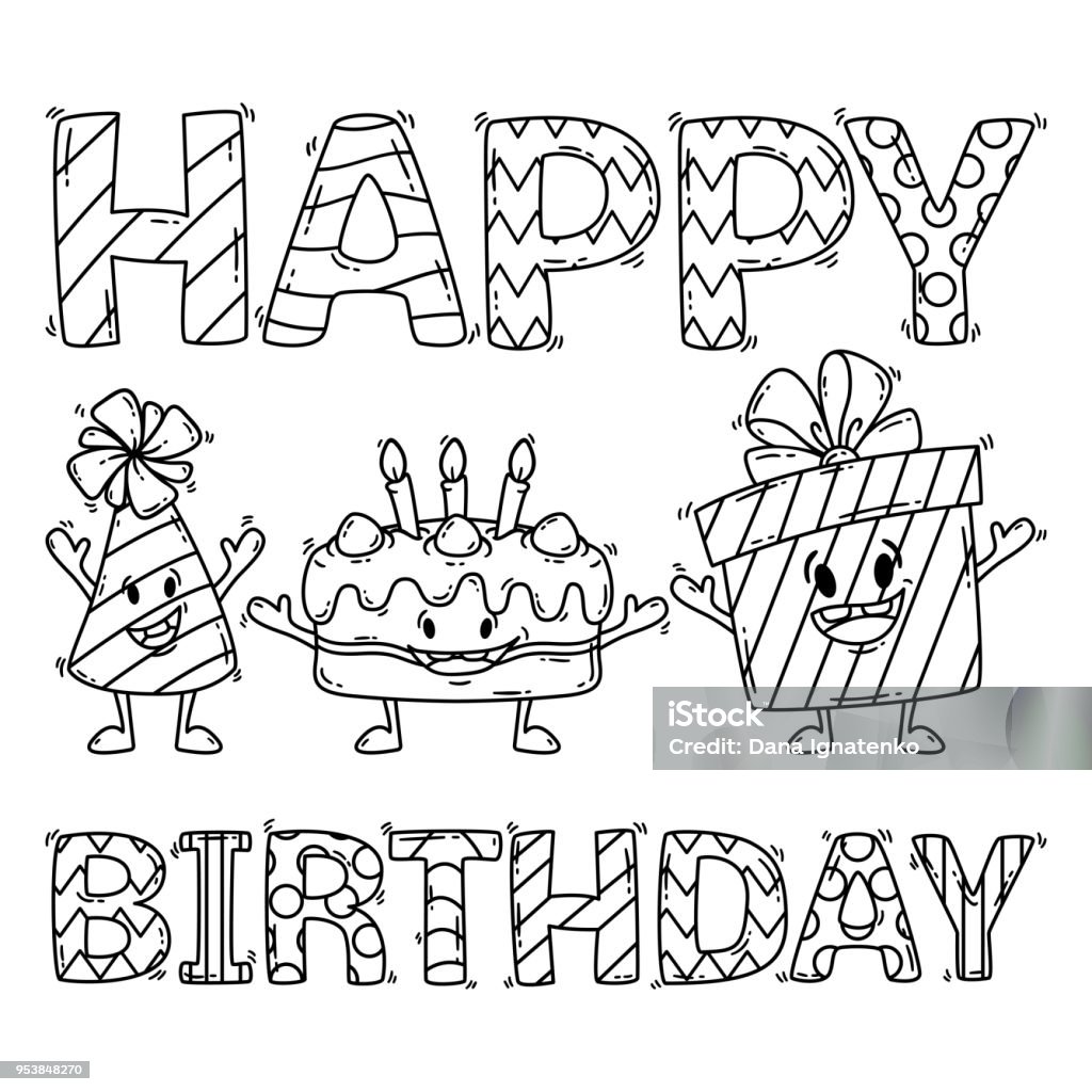 Birthday card with cake, present and party hat. Birthday card with cake, present and party hat. Vector illustration isolated on white background.  Coloring for children. Card design. Birthday stock vector