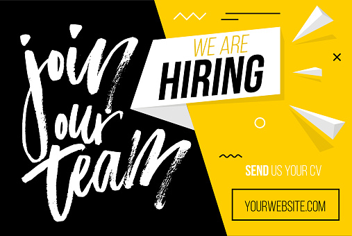 We are hiring brush lettering with geometric shapes. Vector illustration. Open vacancy design template.