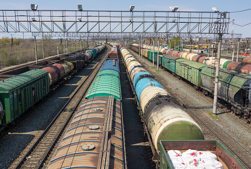 Volgograd. Russia - April 30, 2018. Freight trains at the marshalling yard