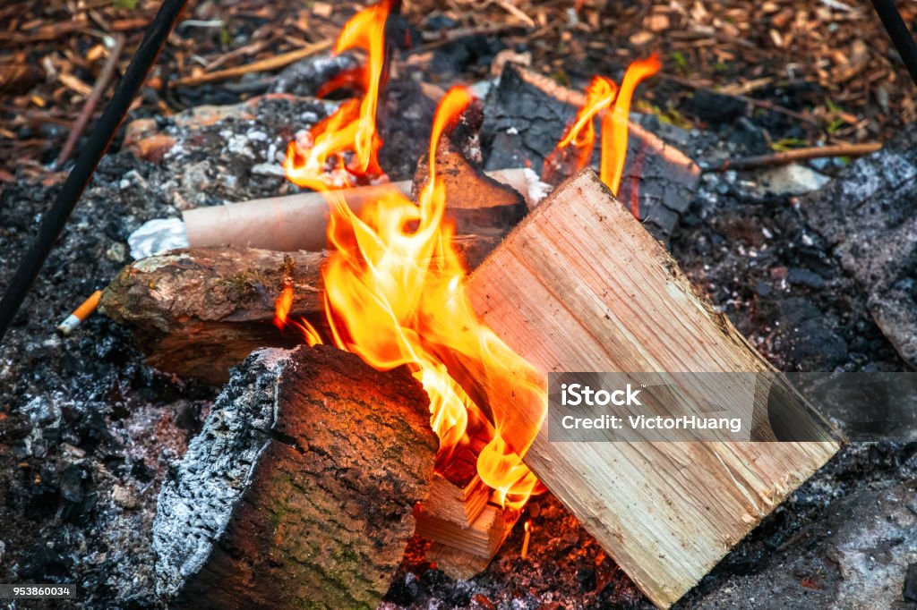 Campfire, burning wood at a tourist campsite Campfire, burning wood at a tourist campsite in England Activity Stock Photo