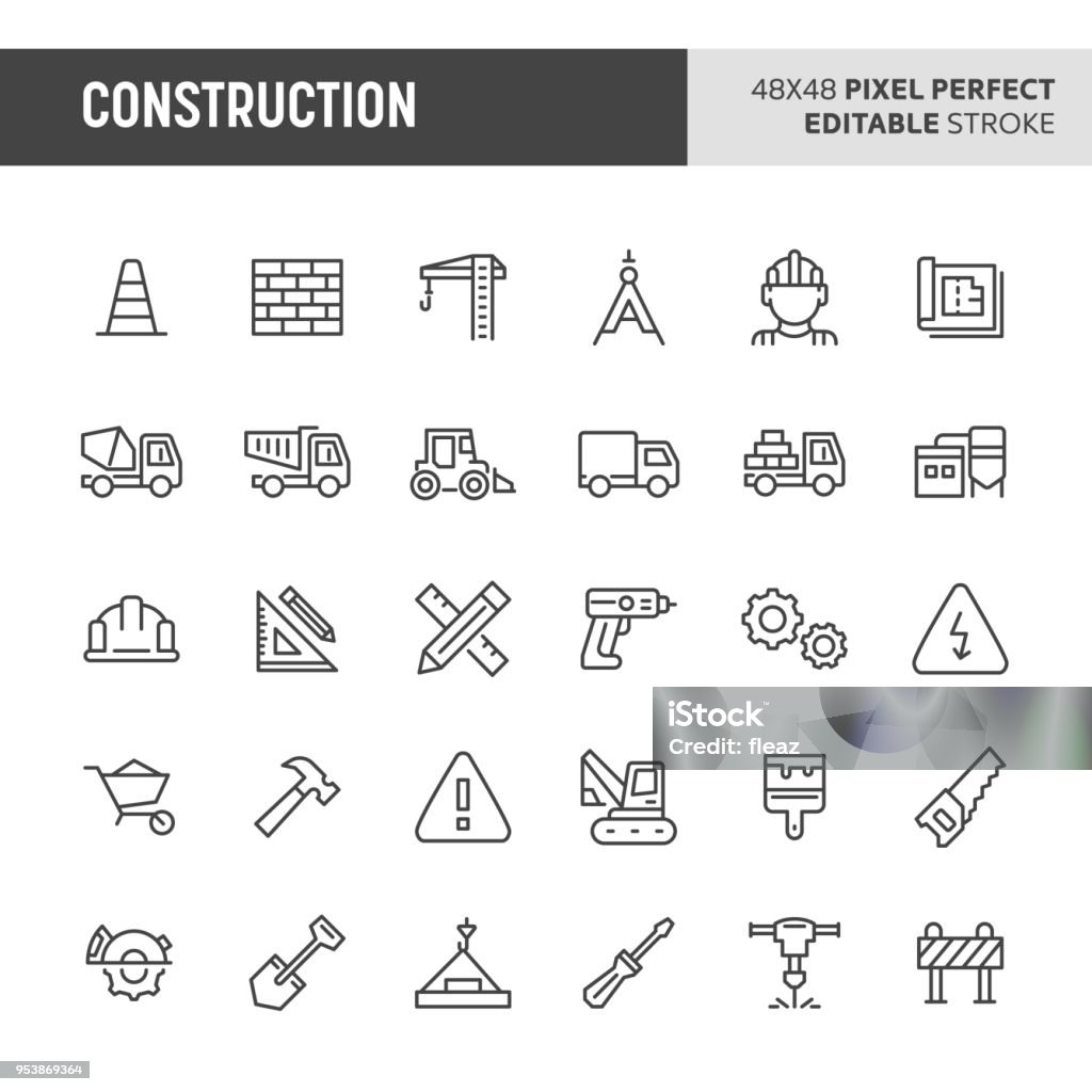Construction Icon Set 30 thin line icons associated with construction. Symbols such as crane, working tools, transportation and construction sign are included in this set. 48x48 pixel perfect vector icon & editable vector. Icon Symbol stock vector
