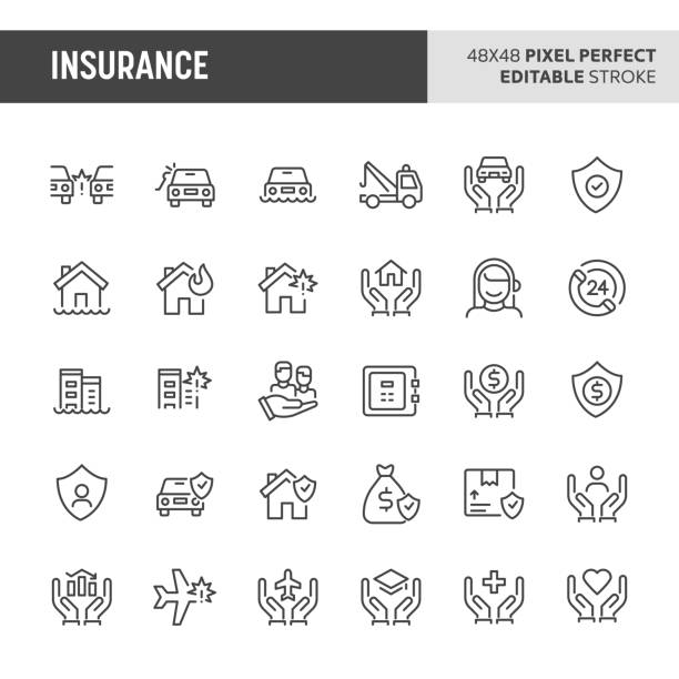 ilustraciones, imágenes clip art, dibujos animados e iconos de stock de conjunto de iconos de seguros - insurance