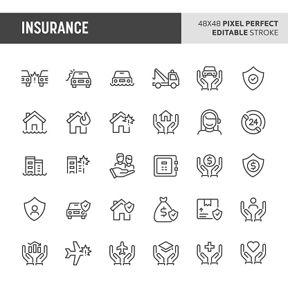 30 thin line icons associated with insurance. Symbols such as car, house, business and personal life insurance are included in this set. 48x48 pixel perfect vector icon & editable vector..