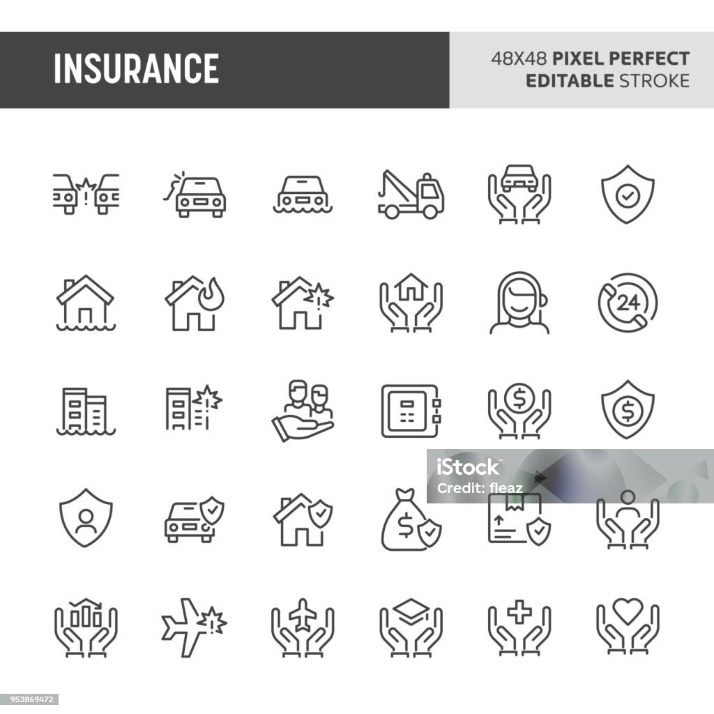 Insurance Icon Set 30 thin line icons associated with insurance. Symbols such as car, house, business and personal life insurance are included in this set. 48x48 pixel perfect vector icon & editable vector.. Icon Symbol stock vector