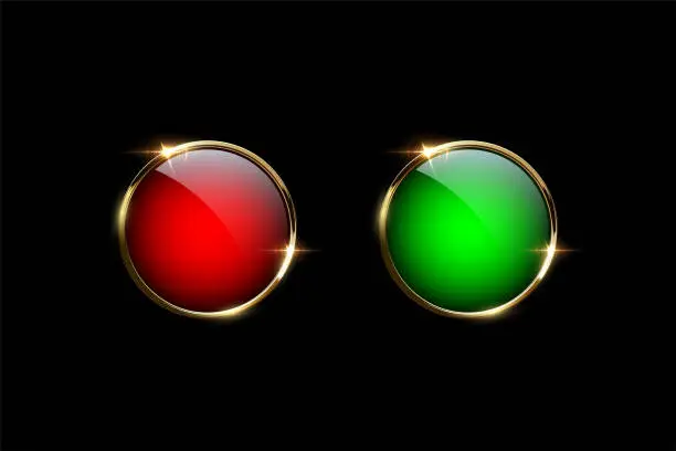 Vector illustration of Red and green buttons with golden rings isolated on black background. Vector design elements.