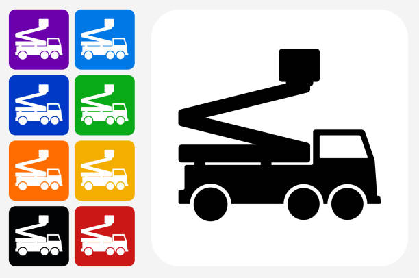 Lift Truck Icon Square Button Set Lift Truck Icon Square Button Set. The icon is in black on a white square with rounded corners. The are eight alternative button options on the left in purple, blue, navy, green, orange, yellow, black and red colors. The icon is in white against these vibrant backgrounds. The illustration is flat and will work well both online and in print. indigo truck stock illustrations
