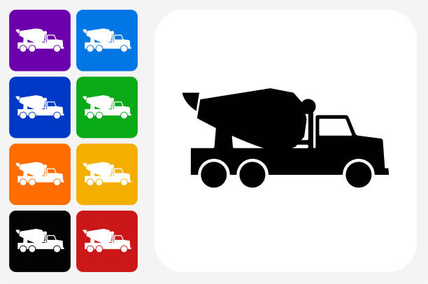 Cement Truck Icon Square Button Set Cement Truck Icon Square Button Set. The icon is in black on a white square with rounded corners. The are eight alternative button options on the left in purple, blue, navy, green, orange, yellow, black and red colors. The icon is in white against these vibrant backgrounds. The illustration is flat and will work well both online and in print. indigo truck stock illustrations