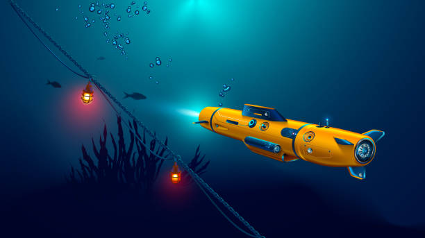 Autonomous underwater drone or robot with camera exploration seabed. Seabed underwater and rays of sunlight shining through water. Autonomous underwater drone or robot with camera exploration seabed. Seabed underwater and rays of sunlight shining through water. underwater exploration stock illustrations