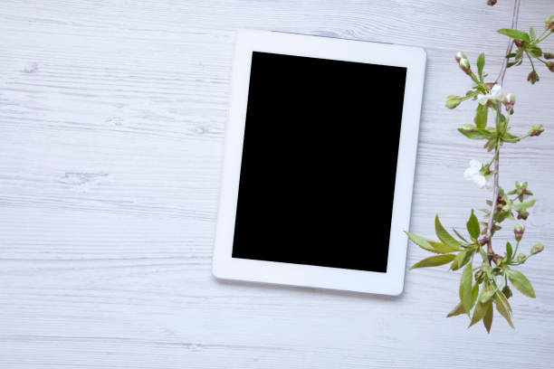 istock Tablet on a white wooden table decorated with blossoming cherry branch top view 953874080