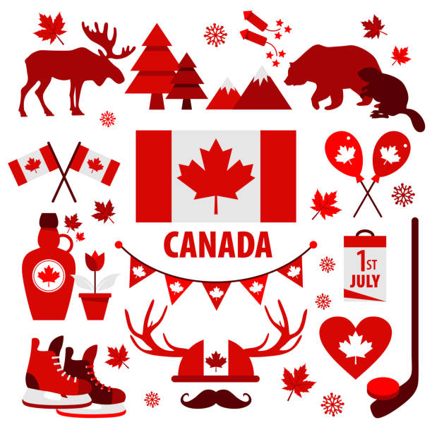 ilustraciones, imágenes clip art, dibujos animados e iconos de stock de canadá signo y símbolo, elementos de información gráfica plano de conjunto de iconos. - toronto canada flag montreal