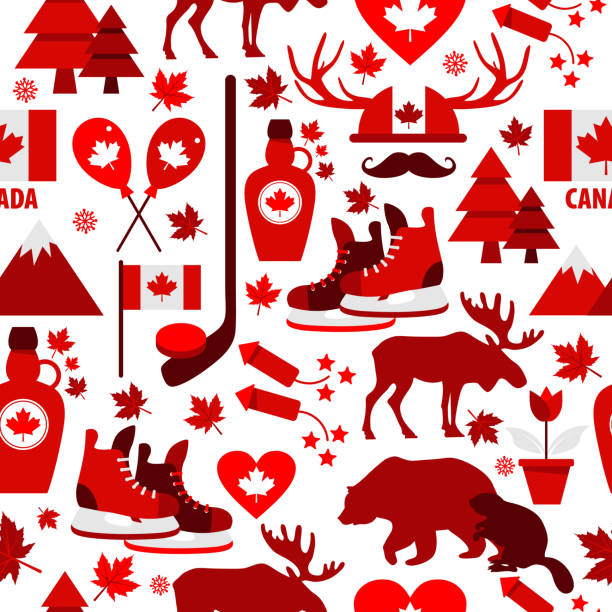 ilustraciones, imágenes clip art, dibujos animados e iconos de stock de canadá signo y símbolo, elementos de información gráfica plano iconos en patrones sin fisuras. - toronto canada flag montreal