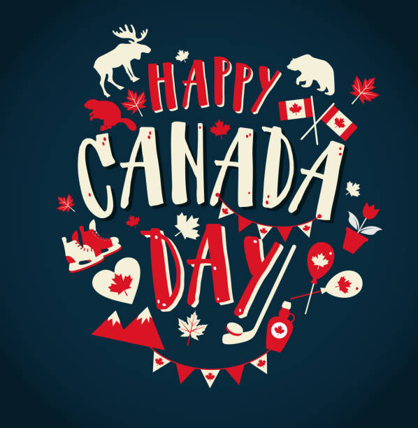 플랫 기호 및 손 해피 캐나다 데 그림 그려진 글자 - canada day 이미지 stock illustrations