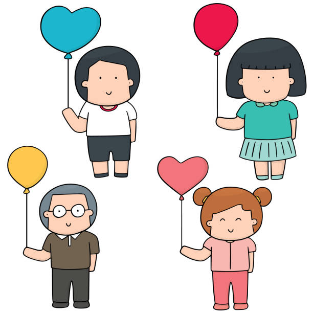 children with balloon vector set of children with balloon girl levitating stock illustrations