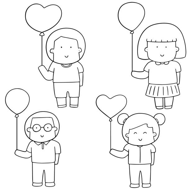 children with balloon vector set of children with balloon girl levitating stock illustrations