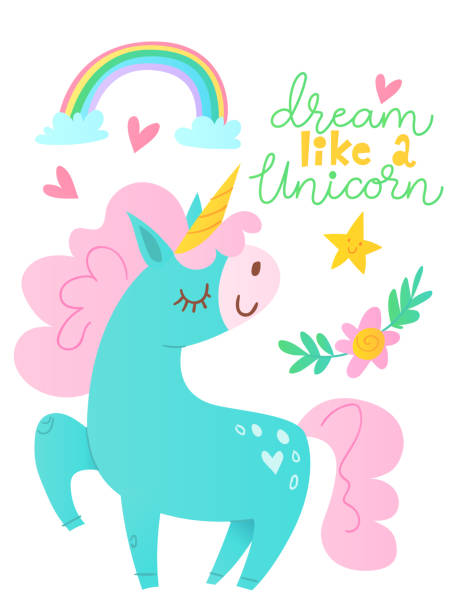 Cute vector poster with cartoon unicorn and lettering vector art illustration