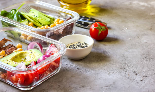 istock Healthy meal prep containers with chickpeas, goose meat 953896252