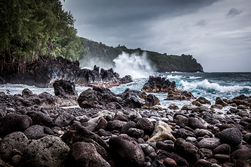 laupāhoehoe point at hilo coastline after storm on big island, hawaii islands, usa.