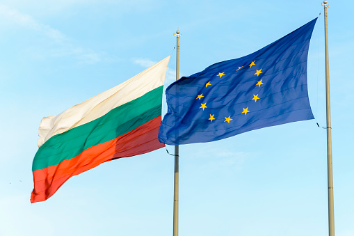 International border of Europe textured wıth European Union flag on blue background. Horizontal composition.