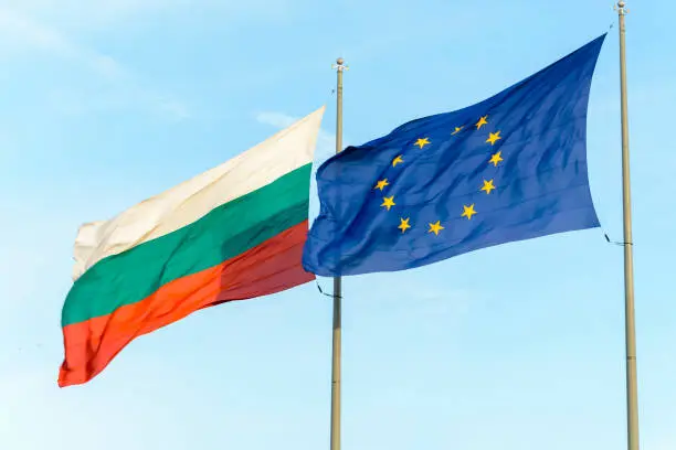 Bulgarian flag and european flag together floating on the wind