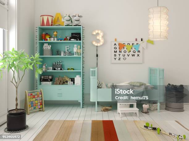 Children Room Scandinavian Style 3d Rendering Stock Photo - Download Image Now - Childhood, Playroom, Bedroom