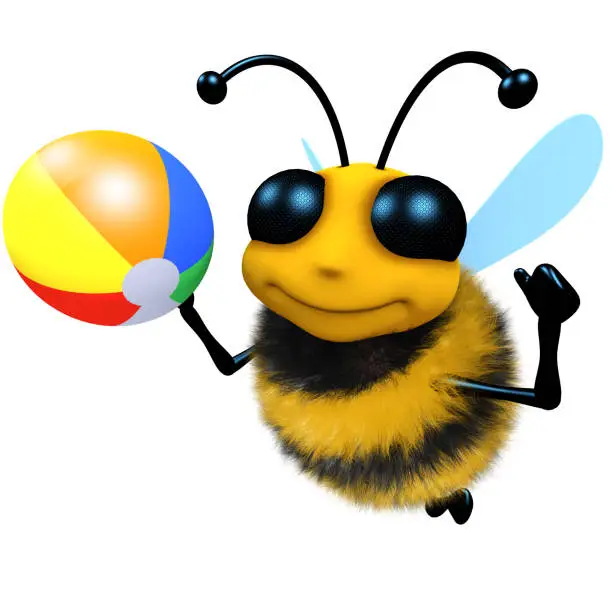 3d render of a funny cartoon honey bee character playing with a beachball