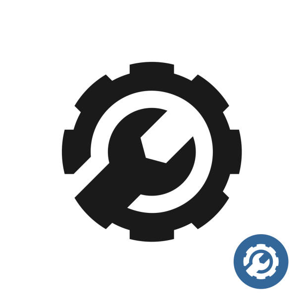 Gear and wrench icon. Service support symbol. Gear and wrench icon. Service support symbol. Round gear connected with wrench as one piece black symbol. Development and customization sign. Technical service concept. open end spanner stock illustrations