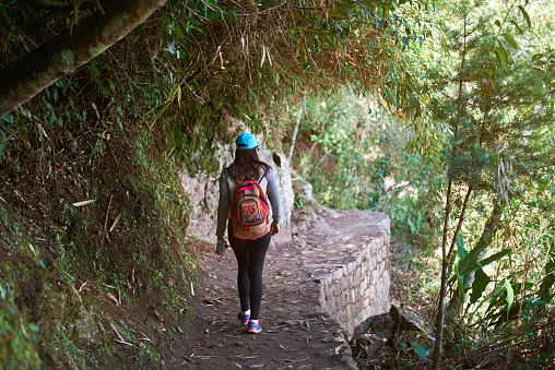 Girl walking in forest trail with backpack. Young woman on inca bridge trail