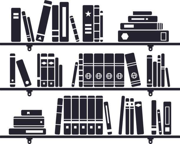 ilustraciones, imágenes clip art, dibujos animados e iconos de stock de libros en una estantería - estantería de libros