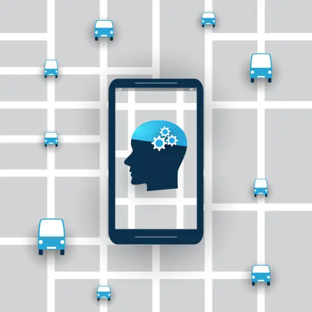 Vector illustration of Abstract Artificial Intelligence, Smart Traffic Controlling and Networks Design Concept with City Map and Mobile Device