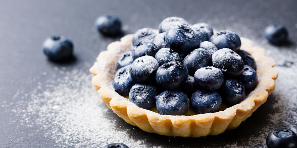 Blueberry tartlet, pie, tart with vanilla custard. Slate stone background