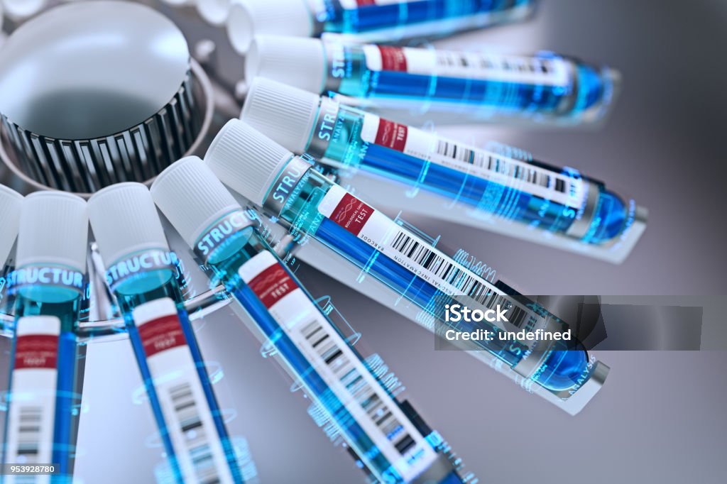 Biological test equipment with  unknown blue or green liquid inside ,it is being analyzed.3d rendering,conceptual image. Cancer - Illness Stock Photo
