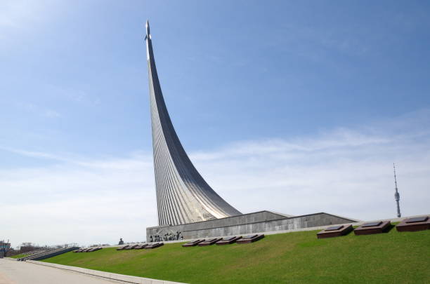 Moscow, Russia - April 24, 2018: Monument to the Conquerors of space, Museum of cosmonautics. This famous monument was built in 1964 to celebrate achievements of the Soviet people in space