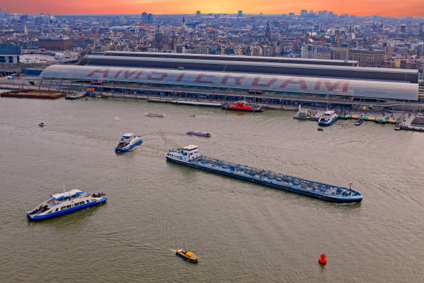 Aerial view from the harbor in Amsterdam Netherlands at sunset