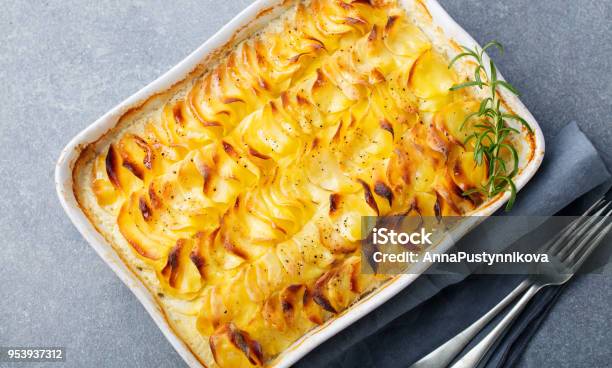 Potato Gratin Backed Potato Slices With Creamy Sauce Top View Stock Photo - Download Image Now